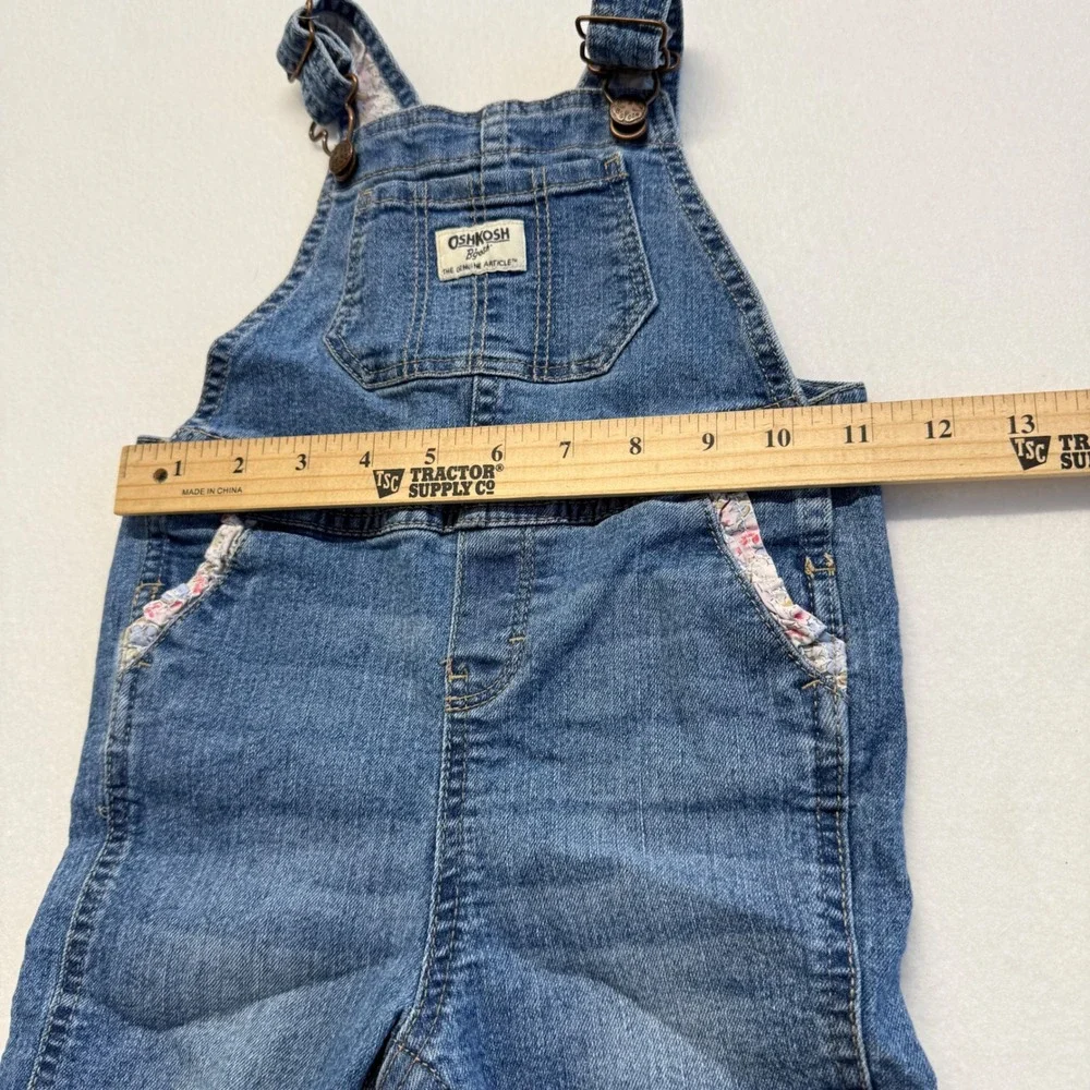 OshKosh B'gosh Girls Blue Denim Floral Lined Ruffle Trim Bib Overalls Size 2T